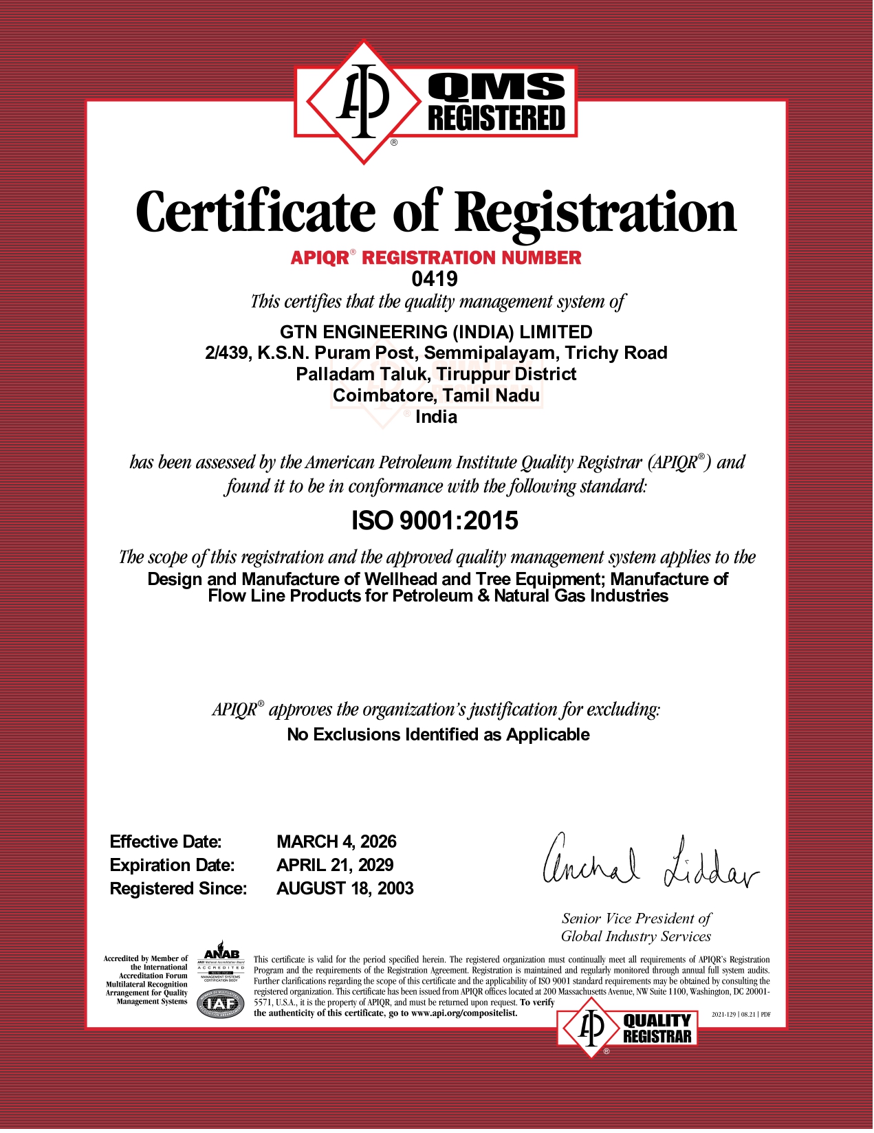ISO 9001 APIQR-CERTIFICATE